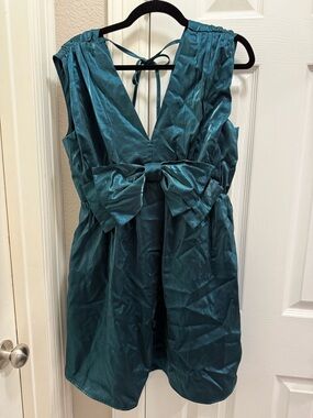 entro Teal Satin V-Neck Mini Dress with Waist Bow